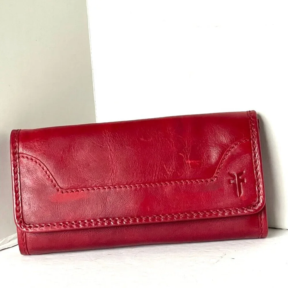Frye Melissa Slim Bifold Wallet Red Leather Snap - Picture 7 of 8